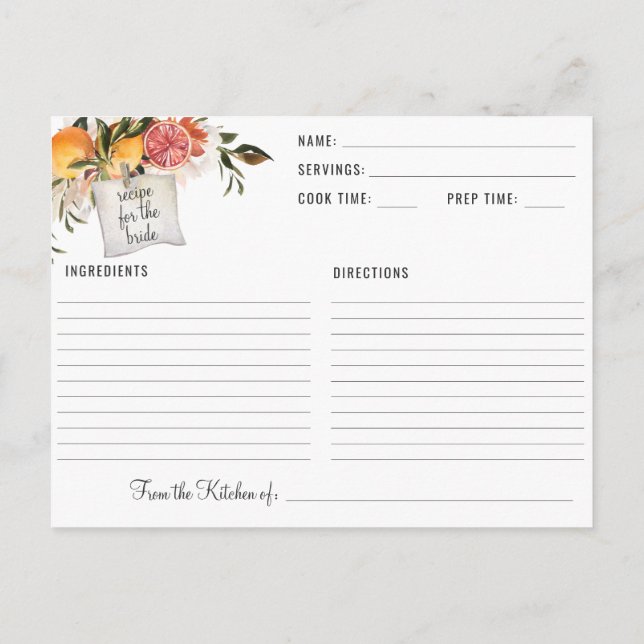 Elegant Citrus Botanical Bridal Shower Recipe Postcard (Back)