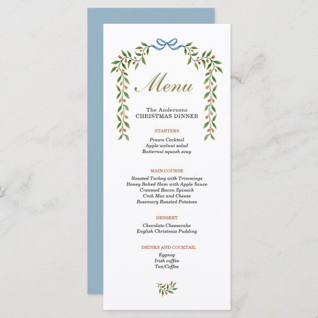 Elegant Citrus garland Christmas Dinner menu (Front/Back)