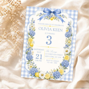 Elegant Citrus Gingham Blue Hydrangea Lemon Invitation