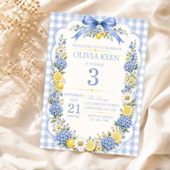 Elegant Citrus Gingham Blue Hydrangea Lemon Invitation (Gingham Summer Birthday Invite, Lemon Theme Invite, Hydrangea Theme Invite)