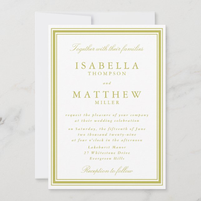 Elegant Citrus Green Wedding Invitation with Borde (Front)