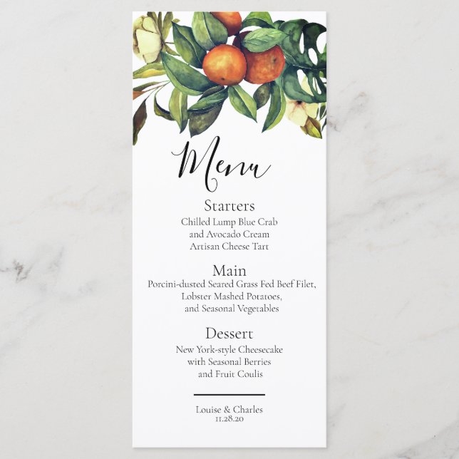 Elegant citrus greenery orange blossom menu (Front)