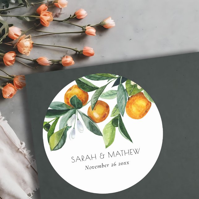 Elegant Citrus Orange Botanical Boho Wedding Classic Round Sticker (Creator Uploaded)