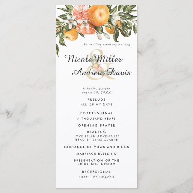 Elegant Citrus Orchard Wedding Ceremony Program Programme (Front)