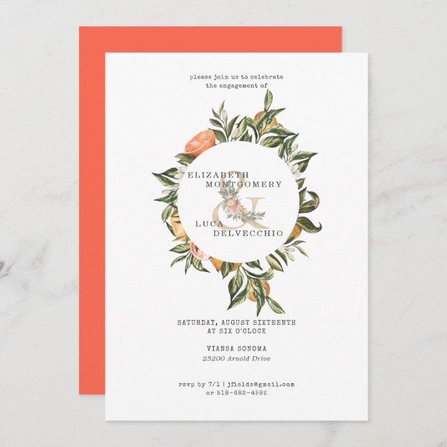 Elegant Citrus Orchard Wedding Engagement Party Invitation (Front/Back)
