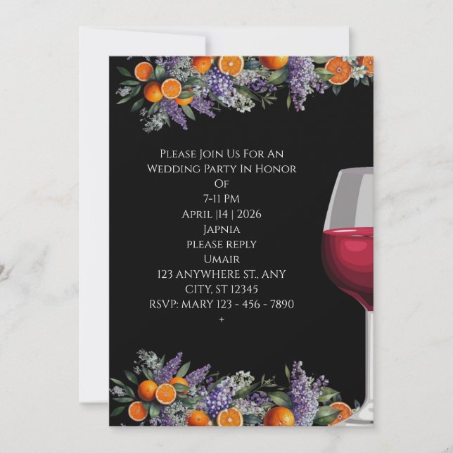Elegant Citrus & Wine Watercolor Wedding Invitation (Front)