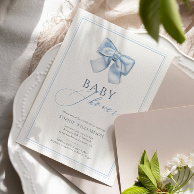 Elegant Clasic Blue Coquette Bow Baby Shower Invitation (Creator Uploaded)