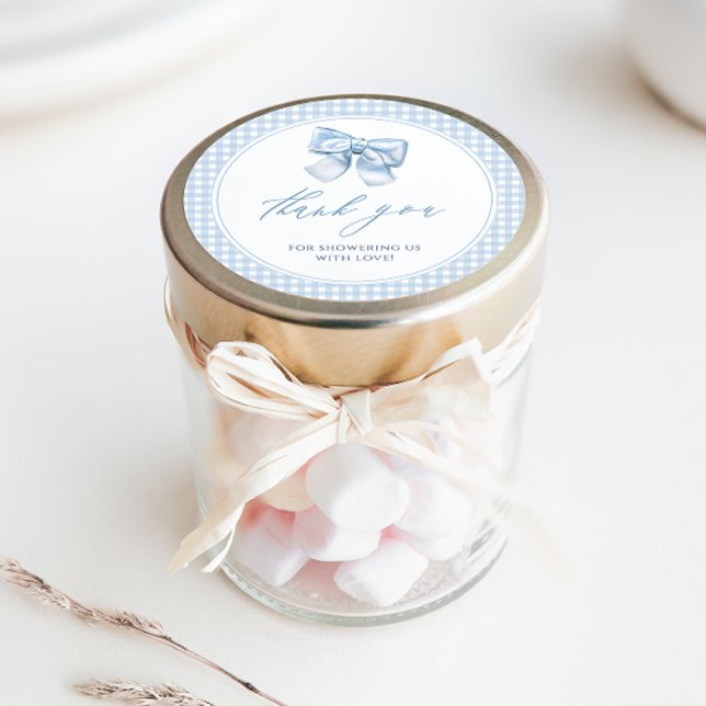 Elegant Clasic Gingham Blue Bow Baby Shower Classic Round Sticker (Creator Uploaded)
