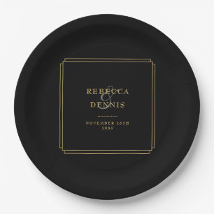 Elegant Classic Art Deco Black And Gold Wedding Paper Plate