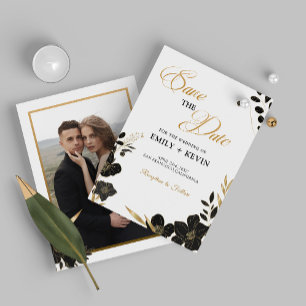 Elegant Classic Black and White, Floral, Photo Save The Date