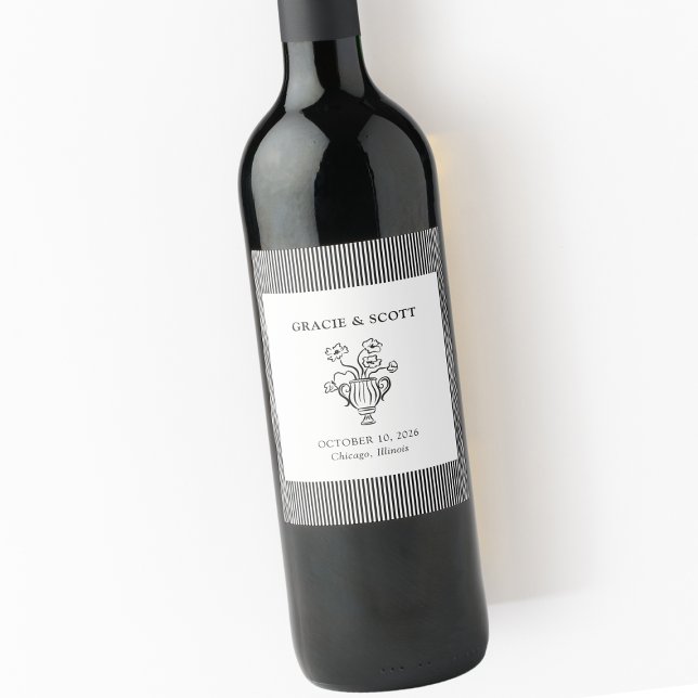 Elegant Classic Black and White Hand Drawn Wedding Wine Label (Creator Uploaded)