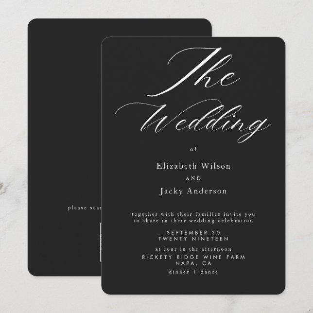 Elegant Classic Black and White QR code Wedding Invitation (Front/Back)