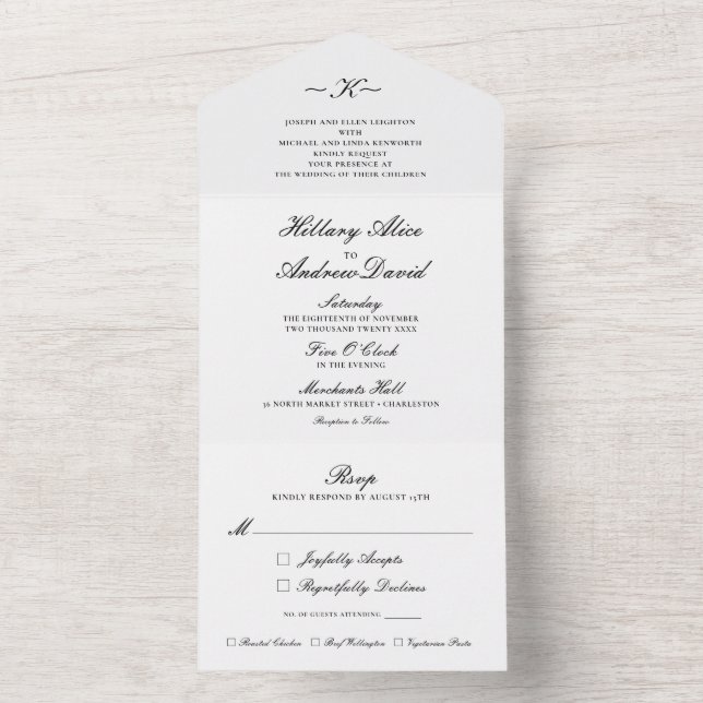 Elegant Classic Black and White Tri-Fold Wedding All In One Invitation (Inside)