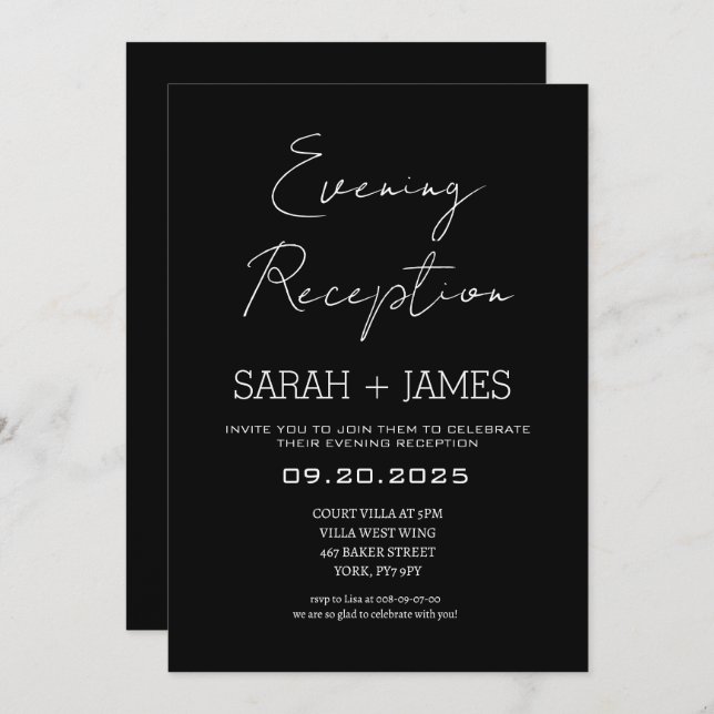 Elegant Classic Black Evening Reception Wedding  Invitation (Front/Back)