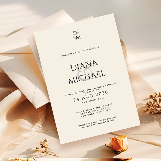 Elegant Classic Black & Ivory Monogram Wedding Invitation (Creator Uploaded)