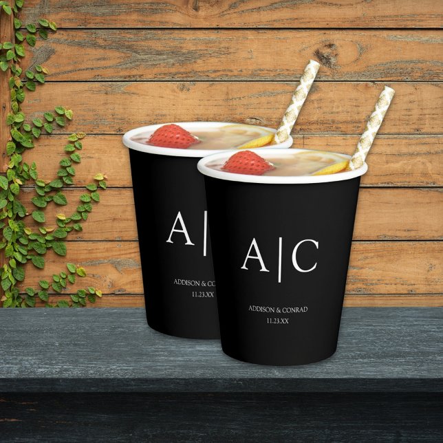 Elegant Classic Black Monogram Wedding Paper Cups (Creator Uploaded)