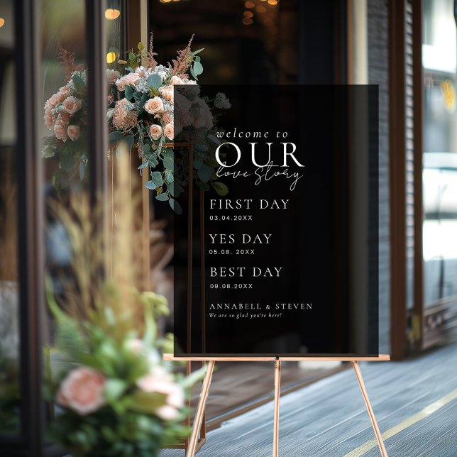 Elegant, Classic, Black, WELCOME TO OUR LOVE STORY Acrylic Sign (Elegant, Classic, WELCOME TO OUR LOVE STORY Acrylic Sign with your name and date.)