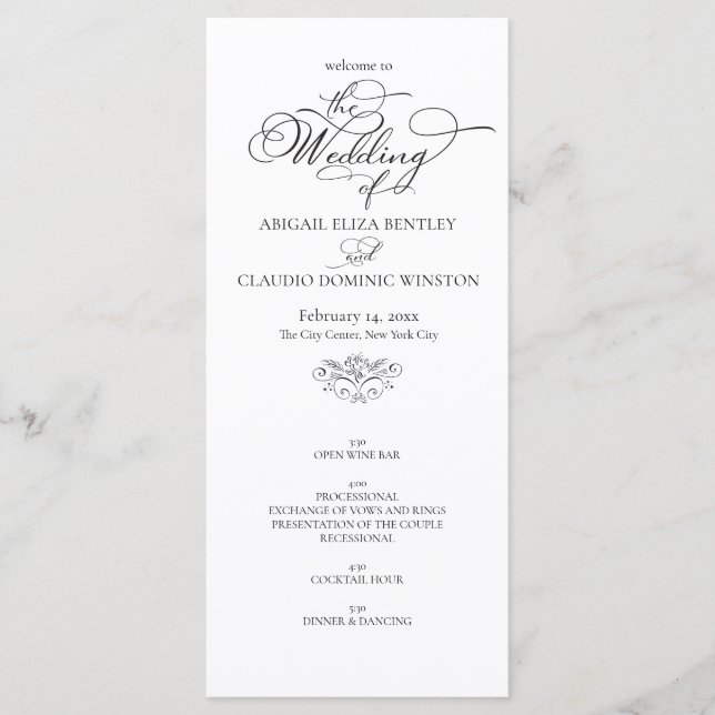 Elegant Classic Black & White Calligraphy Wedding Programme (Front)