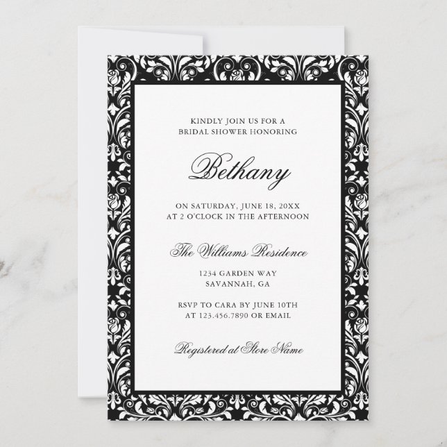 Elegant Classic Black White Damask Bridal Shower Invitation (Front)