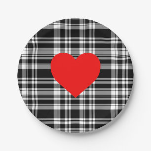 Elegant classic Black White plaid red heart detail Paper Plate