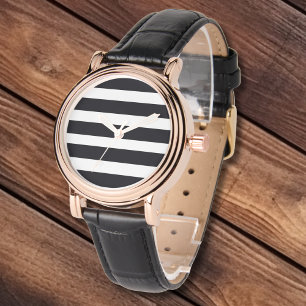 Elegant Classic Black White Stripes Leather & Gold Watch