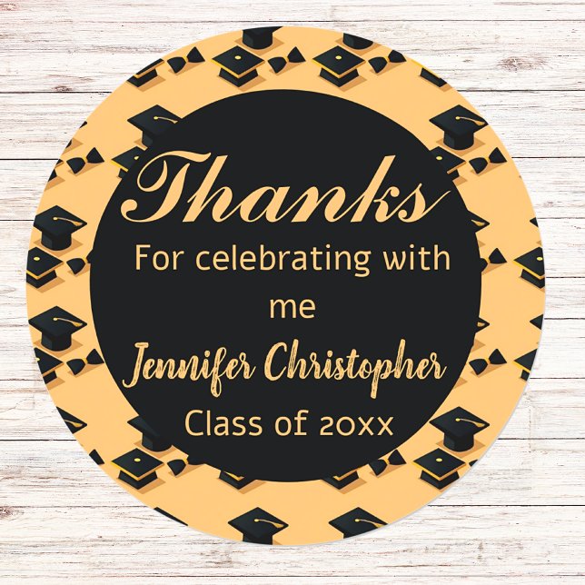 Elegant Classic Black & Yellow Script graduation  Round Sticker (Creator Uploaded)