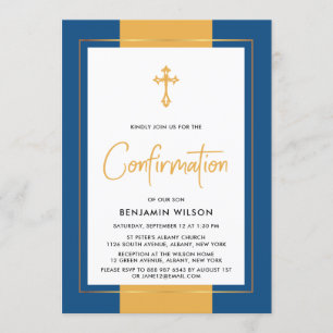 Elegant Classic Blue And Gold Confirmation Invitation