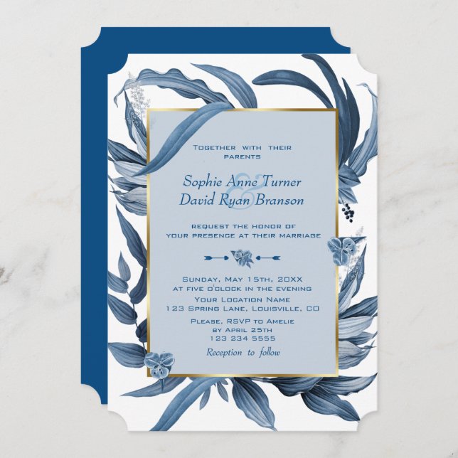 Elegant Classic Blue Leaves Gold Monogram Wedding Invitation (Front/Back)