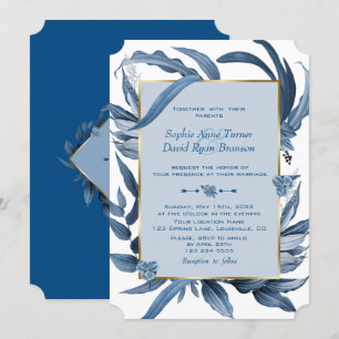 Elegant Classic Blue Leaves Gold Monogram Wedding Invitation