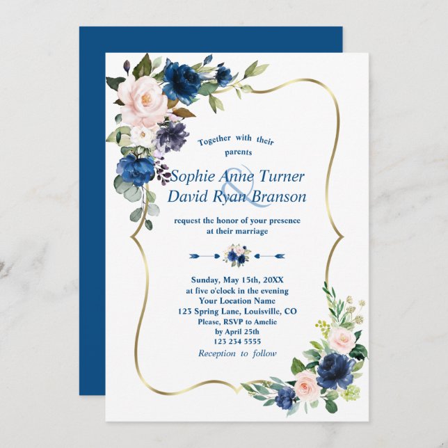 Elegant Classic Blue Pink Flowers Gold Wedding Invitation (Front/Back)