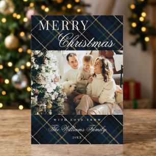 Elegant Classic Blue Plaid 1 Photo Christmas Holiday Card