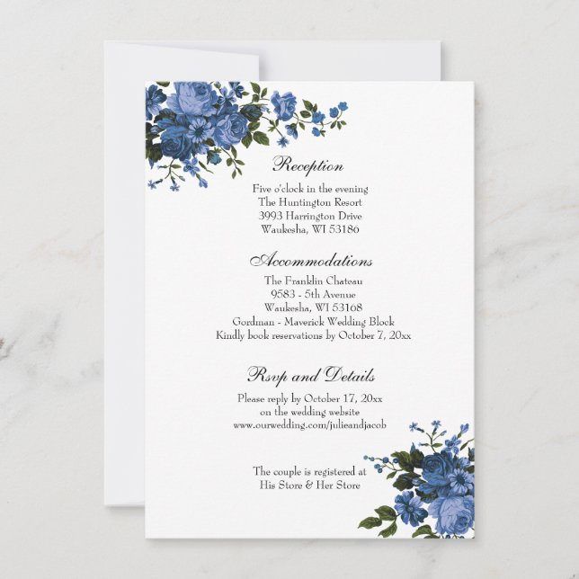 Elegant Classic Blue Roses Wedding Reception  Invitation (Front)
