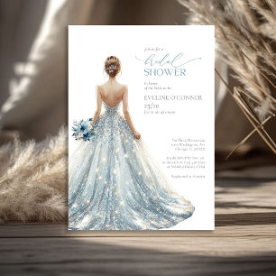 Elegant classic blue sparkles wedding gown floral invitation