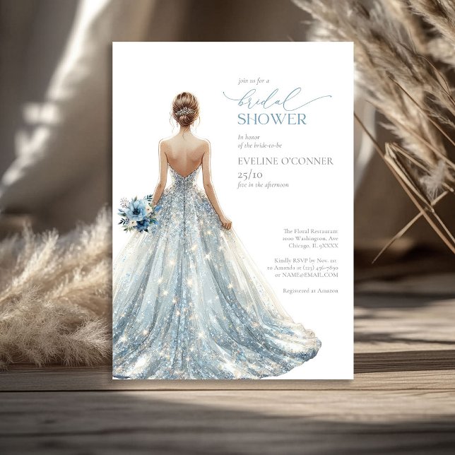 Elegant classic blue sparkles wedding gown floral invitation (Elegant classic blue sparkles wedding gown floral invitation)