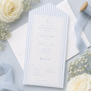 Elegant Classic Blue Stripe Monogram Wedding All In One Invitation