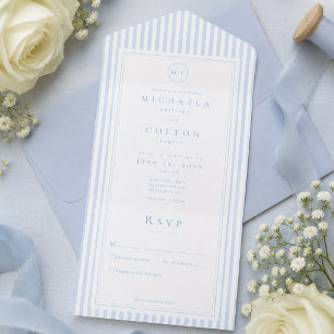 Elegant Classic Blue Stripe Monogram Wedding All In One Invitation