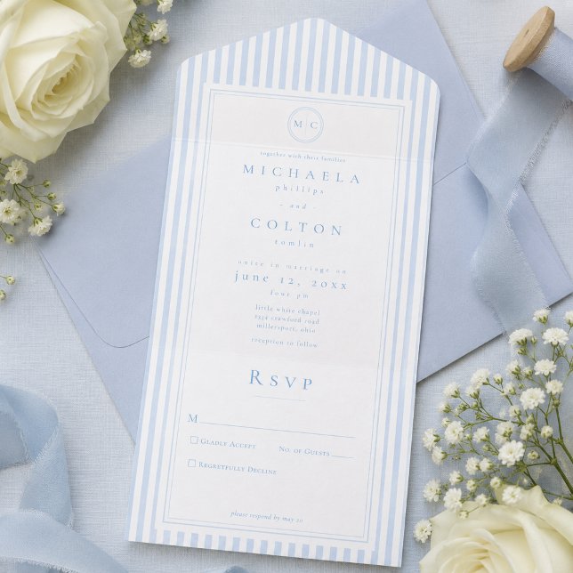Elegant Classic Blue Stripe Monogram Wedding All In One Invitation (Creator Uploaded)