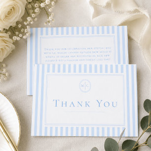 Elegant Classic Blue Stripe Monogram Wedding Thank You Card