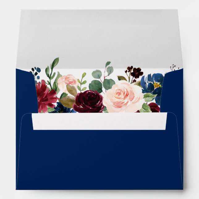Elegant Classic Blue Watercolor Floral Wedding Envelope (Back (Bottom))