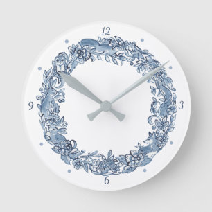 Elegant Classic Blue & White Animal Wreath Delft Round Clock