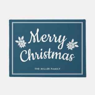 Elegant Classic Blue & White Merry Christmas Doormat