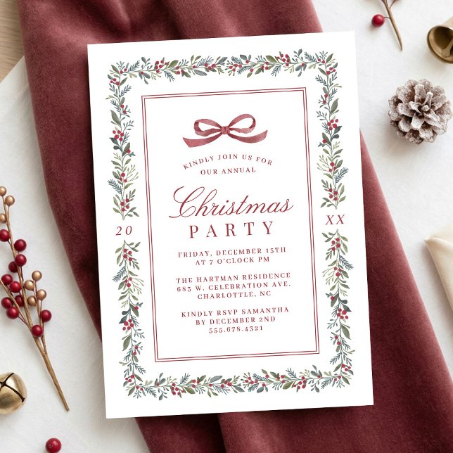 Elegant Classic Bow Botanical Christmas Holiday Invitation (Creator Uploaded)