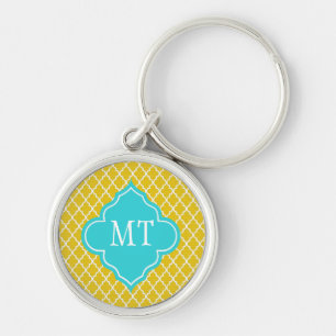 Elegant, classic bright yellow quatrefoil monogram key ring