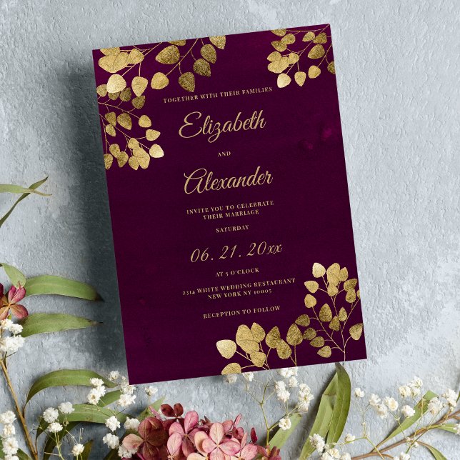 Elegant classic burgundy gold eucalyptus wedding invitation (Elegant classic burgundy gold eucalyptus wedding)