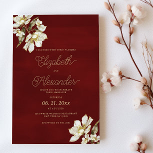 Elegant classic burgundy gold flowers Wedding Invitation