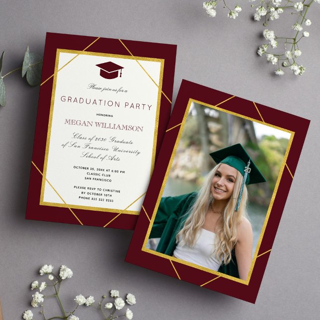 Elegant classic burgundy gold graduation party invitation (Creator Uploaded)