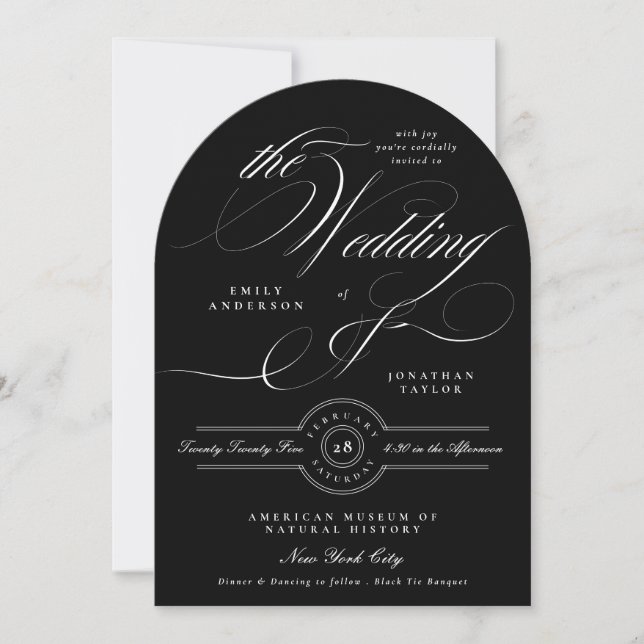 Elegant Classic Calligraphy Black Tie Wedding Arch Invitation (Front)