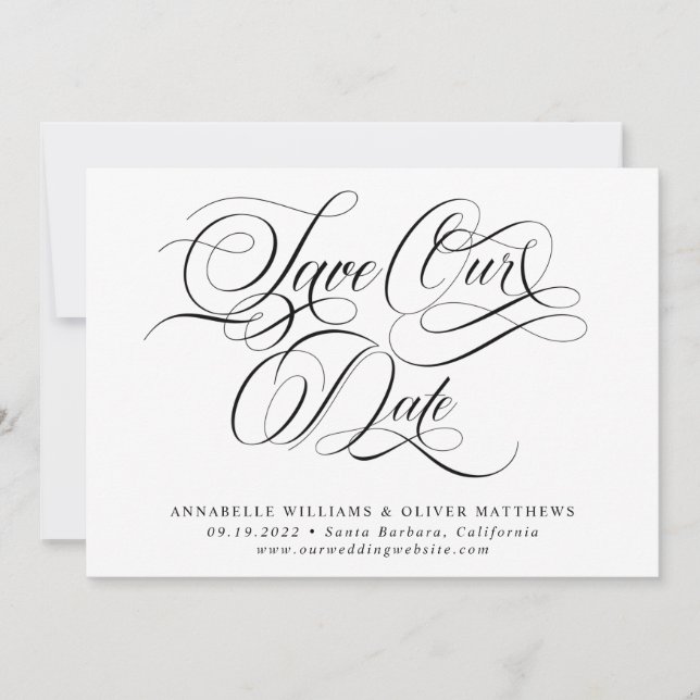 Elegant Classic Calligraphy Black & White Wedding  Save The Date (Front)