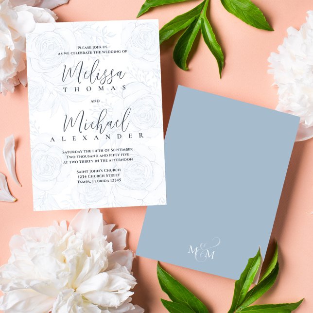 Elegant Classic Calligraphy Floral Dusty Blue  Invitation (Elegant wedding invitations with blush floral pattern and taupe back.)
