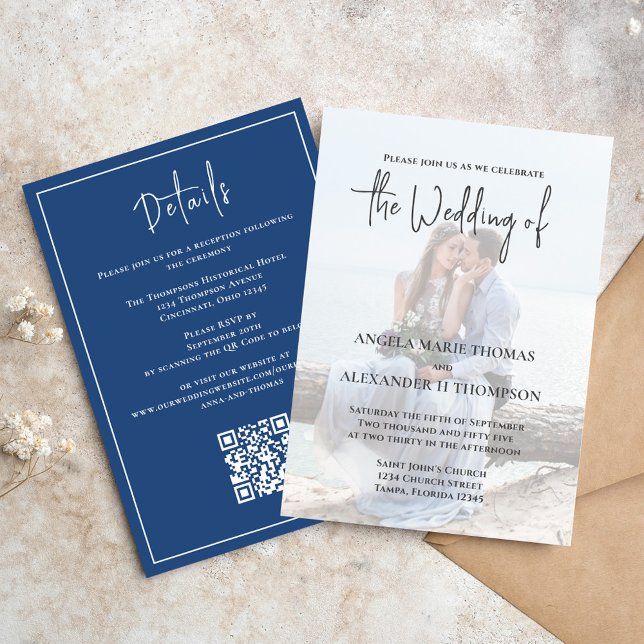 Elegant Classic Calligraphy Photo RSVP Photo  Invitation (Elegant photo wedding invitation with QR code RSVP and details. )